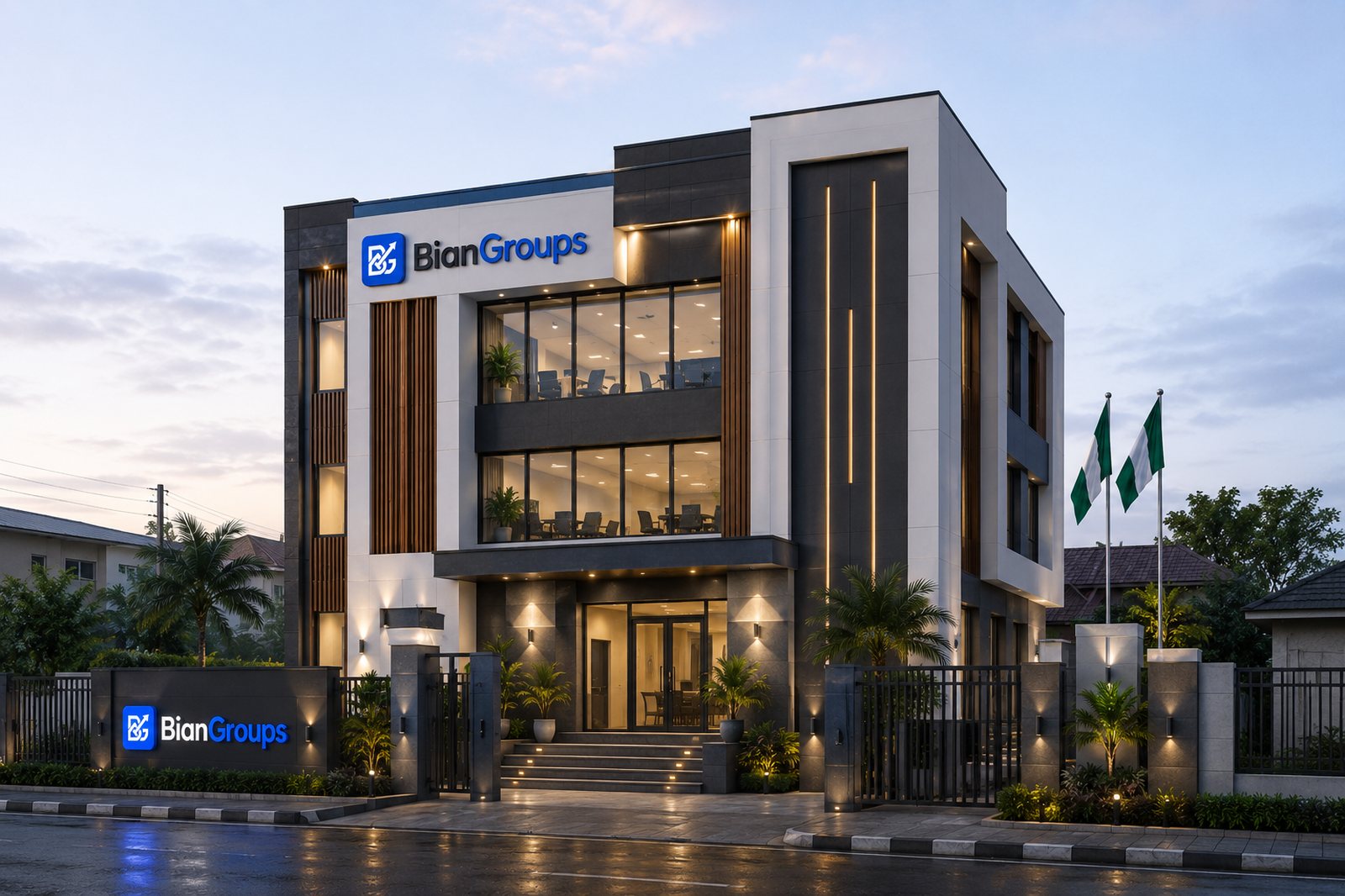 The Bian Groups head office at dusk, a modern two-storey building with the Bian Groups sign lit above the entrance