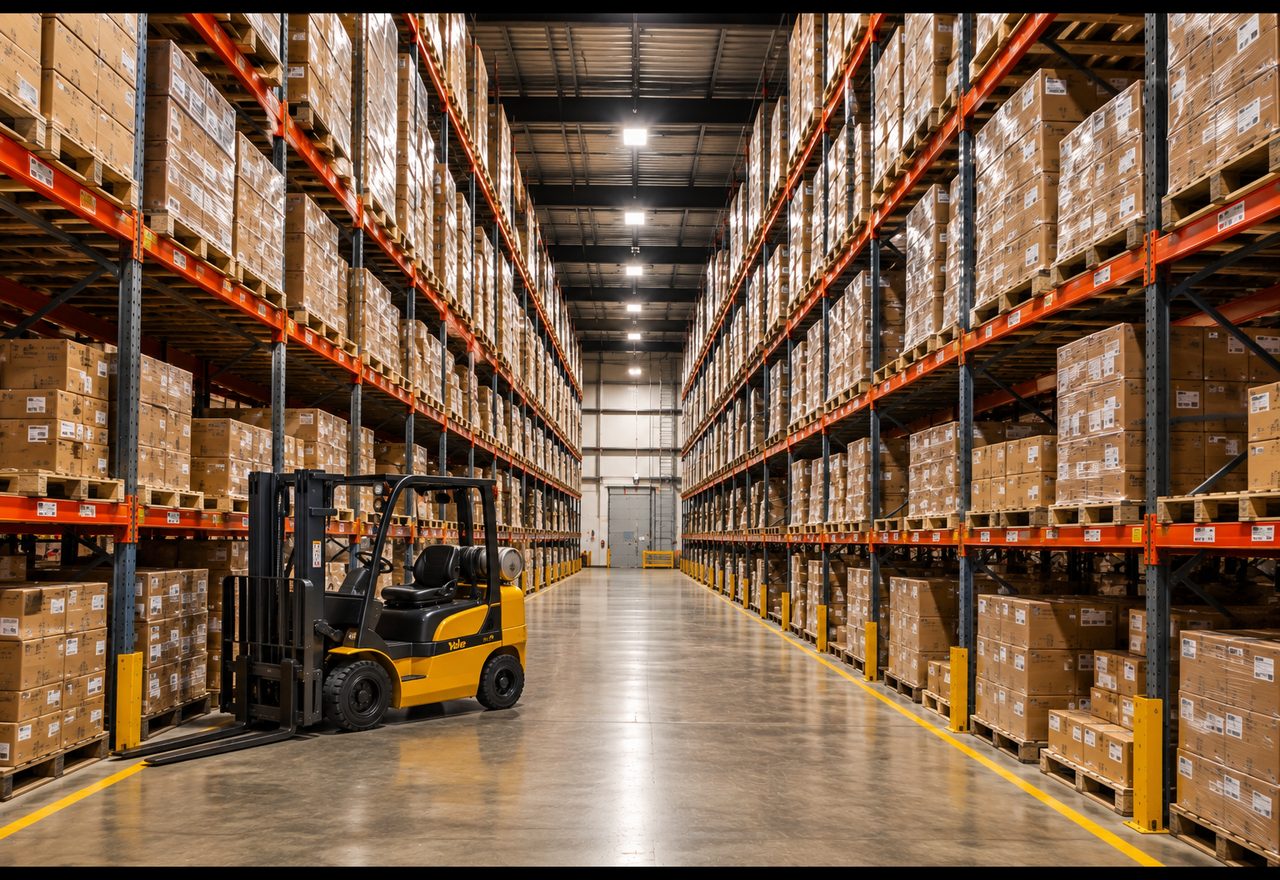 A Bian Groups warehouse aisle, racking stacked with palletised stock and a forklift ready to load