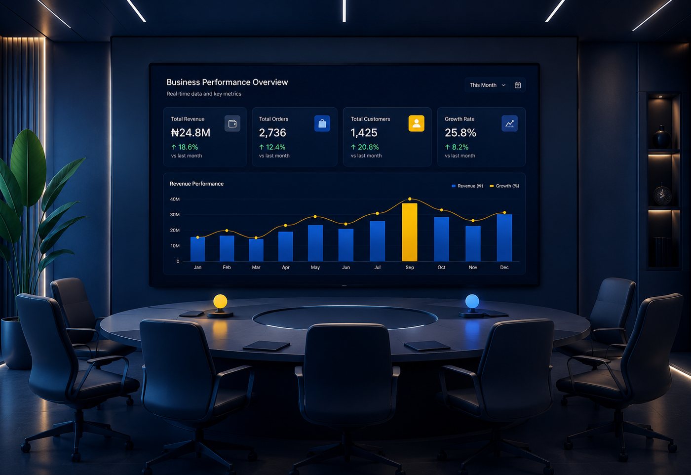 The Bian Groups boardroom, with a business performance dashboard on the wall screen