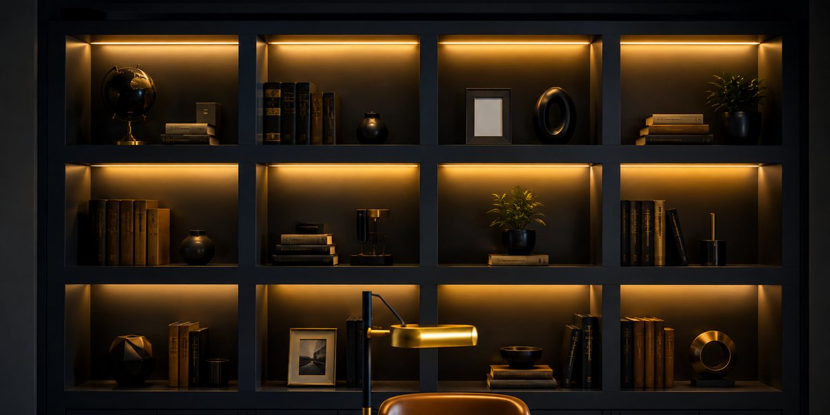 Lit shelving in the Bian Groups office