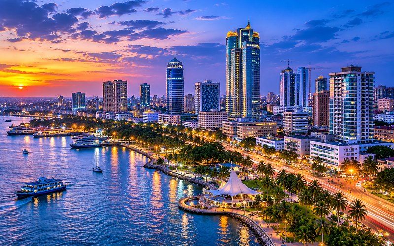 The Dar es Salaam waterfront and harbour at sunset