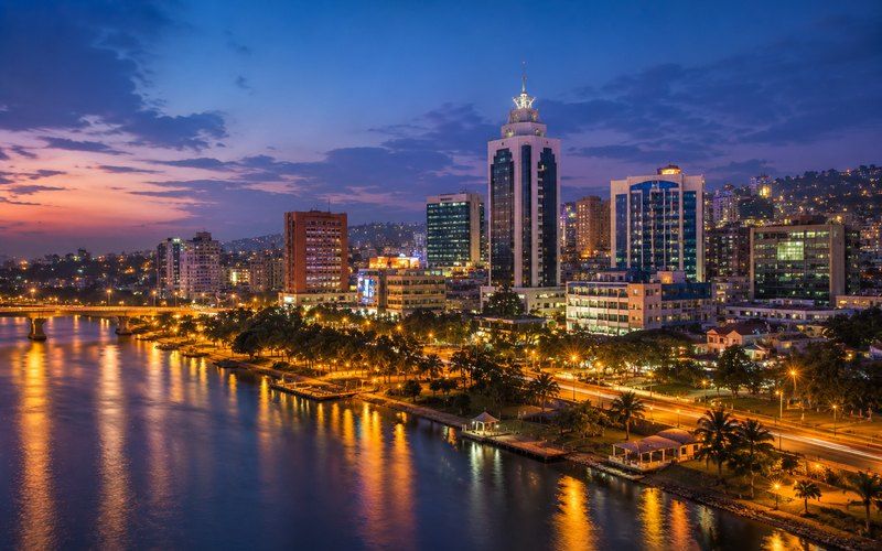 Kampala waterfront and skyline at dusk